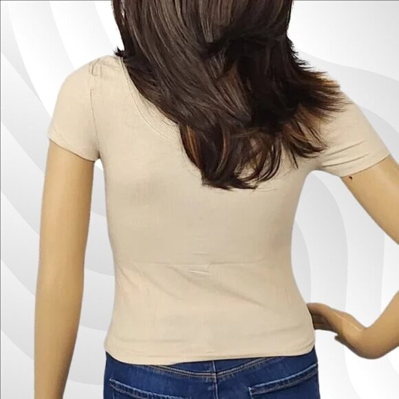 2/$30 Lulus Beige Ribbed Henley Cropped Tee Size M | Casual & Trendy Knit Top - Picture 2 of 6
